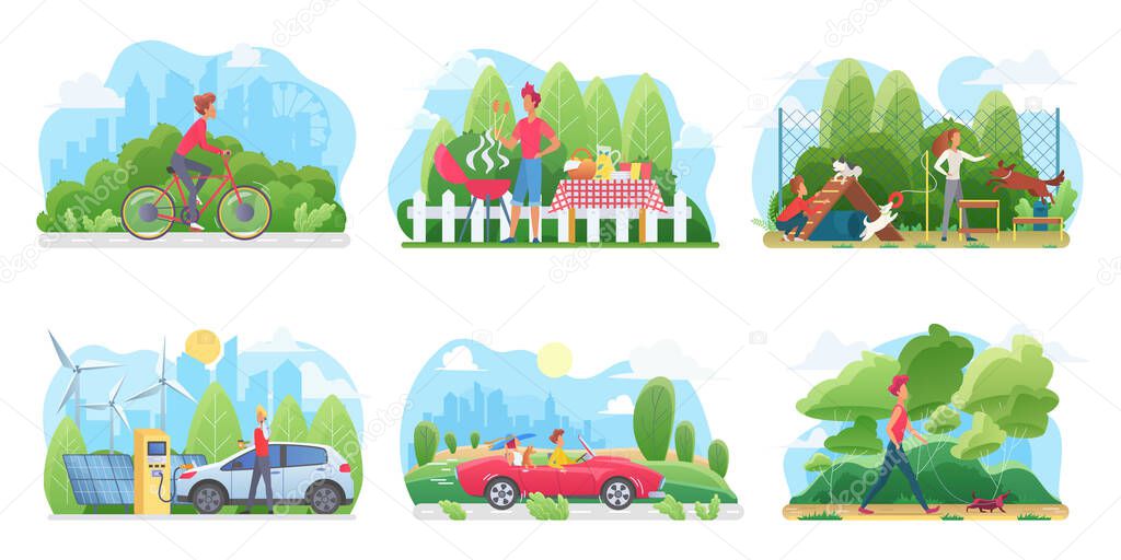 People in weekend or journey, ride car or bicycle, grill picnic food, play and walk dog