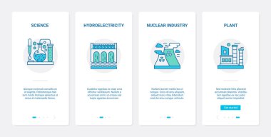 Endüstri teknolojisi UX, UI mobil uygulama sayfa ekranı çizgi sembolleri ile donatılmış