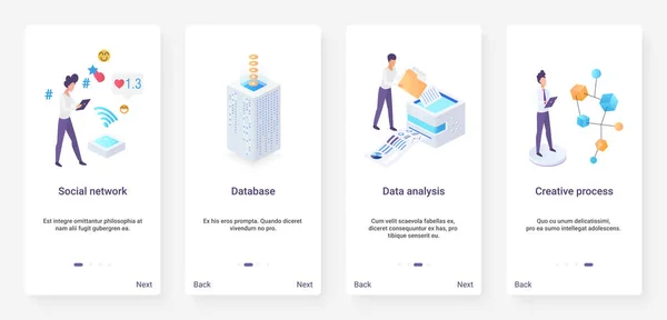 Isometrische Datenanalyse, soziales Netzwerk UX, UI onboarding mobile app page screen set — Stockvektor