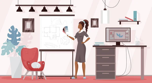 Diseñador freelancer trabajando desde el lugar de trabajo en casa, mujer de dibujos animados con paleta de colores — Vector de stock