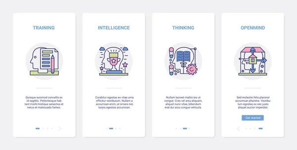 Processus mental, éducation intellectuelle du cerveau UX, UI onboarding mobile app page screen set — Image vectorielle