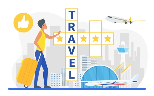 Reizen kruiswoordraadsel, cartoon reiziger toeristisch karakter naast kruiswoordpuzzel — Stockvector