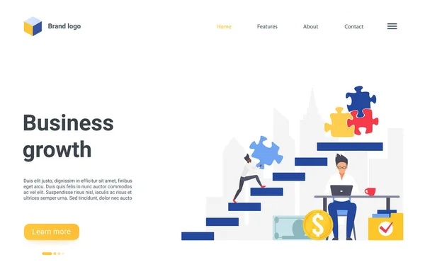 Concepto de crecimiento empresarial landing page, hombre de negocios subir escaleras para conectar rompecabezas — Vector de stock