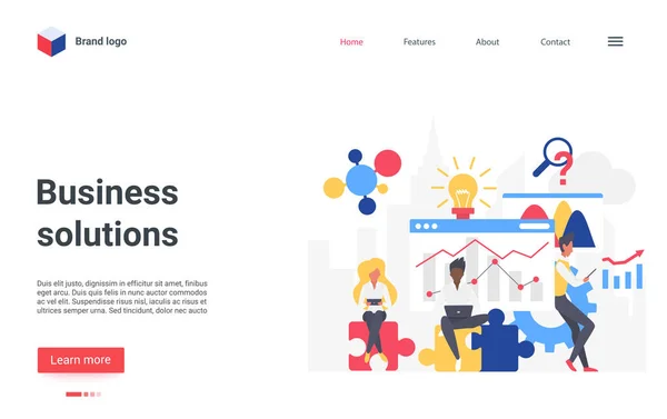 Solução de soluções de negócios conceito de trabalho em equipe landing page, homem de negócios trabalhando no problema — Vetor de Stock