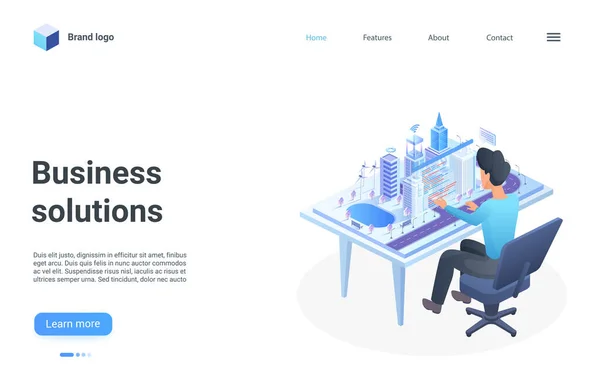 Business solution isometric landing page, businessman sitting in front of modern city — Stock Vector