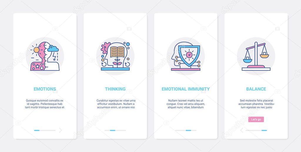 Human head profile, emotions and thinking balance UX, UI mobile app page screen set