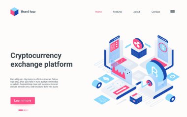 Kripto döviz platformu izometrik iniş sayfası, kripto para birimi teknolojisi