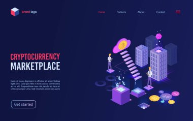 Sanal bitcoin pazar yeri konsepti izometrik iniş sayfasında şifreli para ticareti