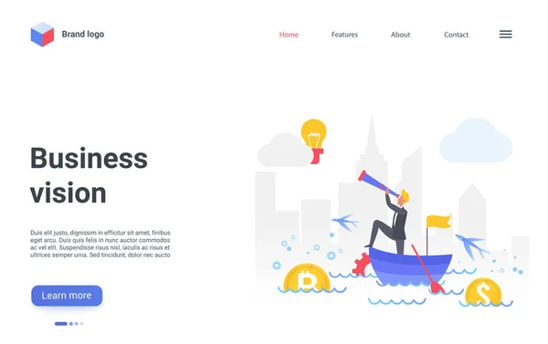 Conceito de visão de negócios landing page, empresário líder personagem assistindo em telescópio — Vetor de Stock