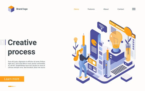 Conceito de processo de trabalho criativo página de destino isométrica, projeto de ideia de desenvolvimento digital — Vetor de Stock