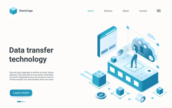 Trasferimento dati, gestione internet tecnologia isometrica landing page, database cloud — Vettoriale Stock