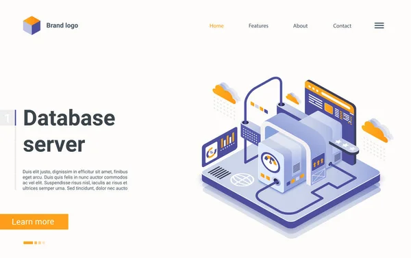 Página de destino isométrica del servidor de base de datos, servicio de soporte de centro de datos de alojamiento virtual 3d — Vector de stock