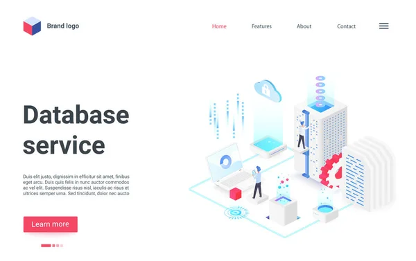 Database management service isometric landing page, work with hardware equipment — Stock Vector