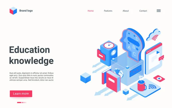 Educación tecnología del conocimiento landing page isométrica, cabeza humana abstracta con alfabeto — Vector de stock