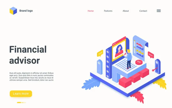 재정 자문 서비스 isometric landing page, 전문가 컨설팅 차트 작업 — 스톡 벡터