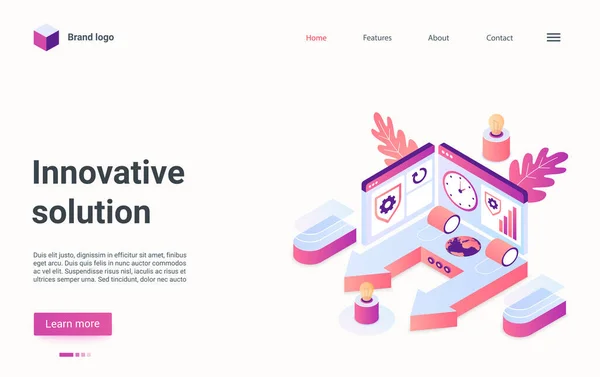 Solução de negócios inovadora página de destino isométrica, processo de experiência em finanças criativas — Vetor de Stock