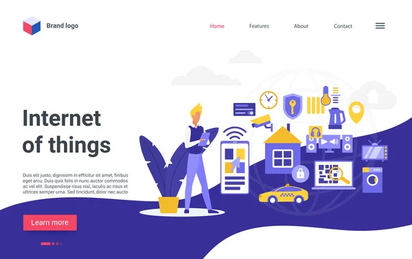 Internet of things technology landing page, έξυπνο σύστημα ελέγχου σπιτιού, iot σύνδεση — Διανυσματικό Αρχείο