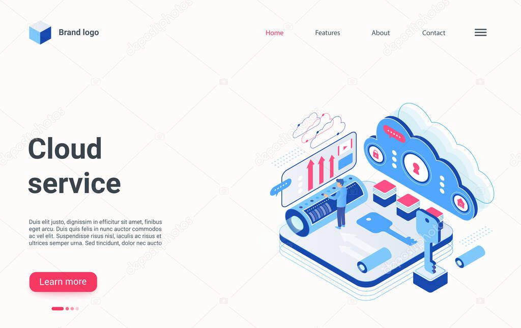 Cloud service isometric landing page, internet hosting provider abstract workflow process