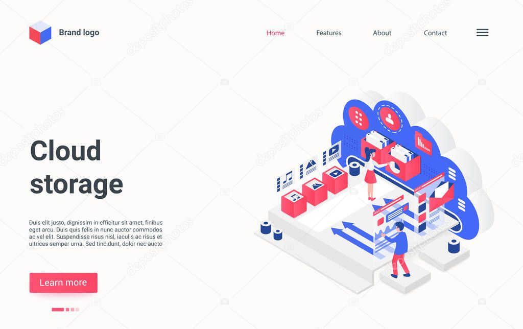 Cloud data storage service concept isometric landing page, people transfer media files