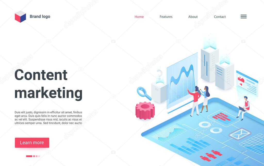 Content digital marketing research isometric landing page, development business strategy