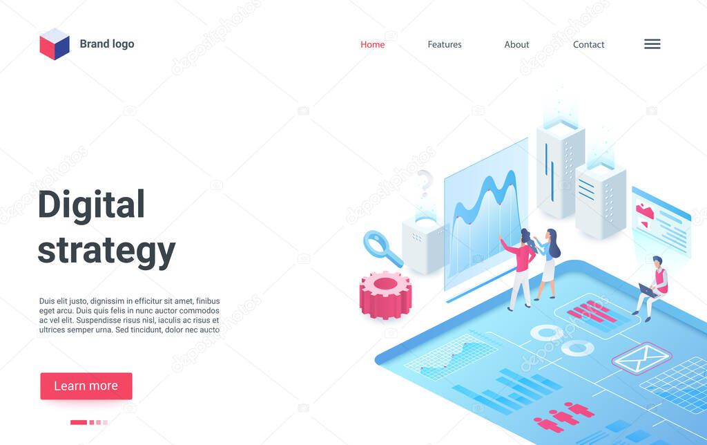 Digital strategy platform isometric landing page, people analyze trading market data