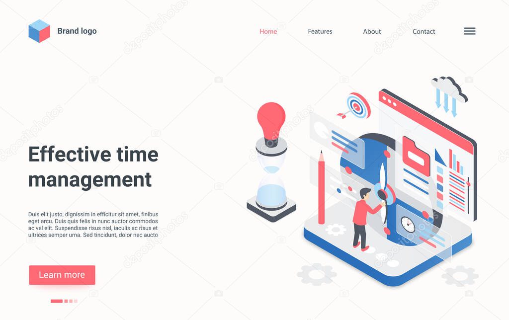Effective time management isometric landing page, manager working to organize time