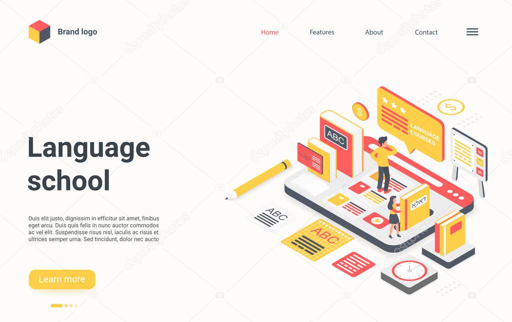 Language school technology isometric landing page, student study online in course