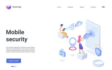 Mobil güvenlik teknolojisi izometrik iniş sayfası, gizlilik veri koruması servisi