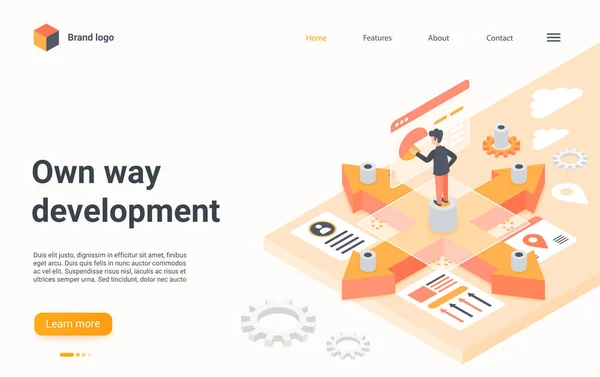 Business development isometric landing page, leader choosing way to achieve goal — Stock Vector