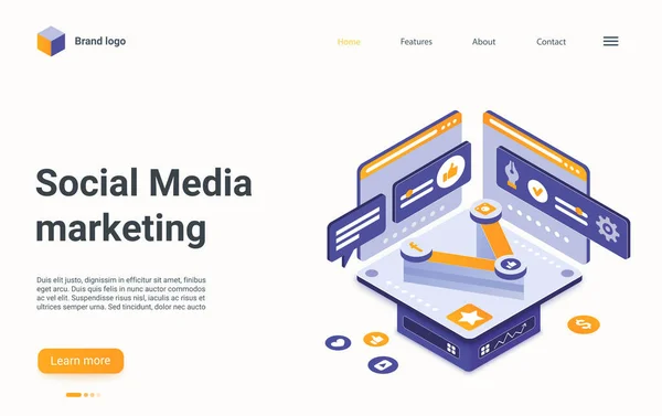 Tecnología de marketing en redes sociales landing page isométrica, análisis de campañas en internet — Vector de stock