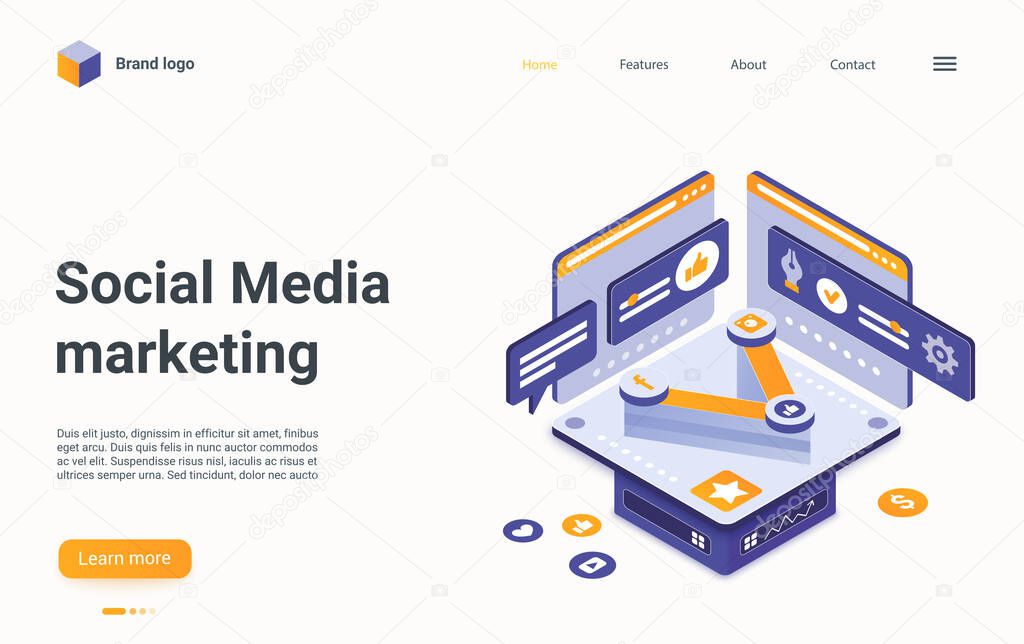 Social media marketing technology isometric landing page, internet campaign analysis