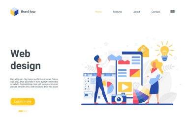 Web tasarım takım çalışması iniş sayfası, grafik bilgiyle çalışan tasarımcı takımı