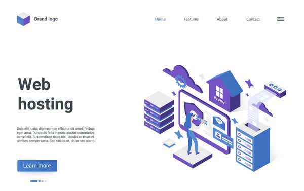 Web hosting tecnologia isometrica landing page, tecnico ingegnere riparazione hardware — Vettoriale Stock