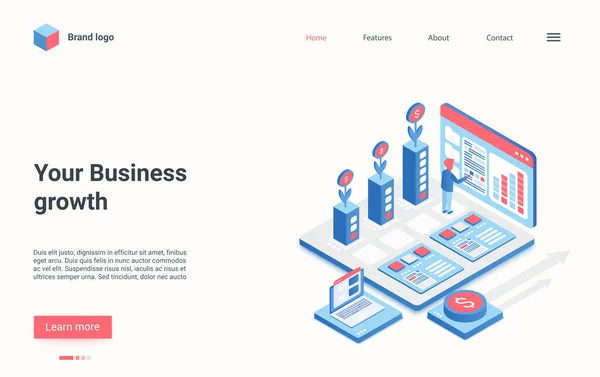 Página de destino de crescimento de negócios, empresário usando interface gráfica para resolver o problema de trabalho — Vetor de Stock