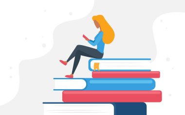 İnsanlar kitap okuyor, kitap yığını üzerinde oturan ve kitap okuyan küçük bir kız öğrenci.