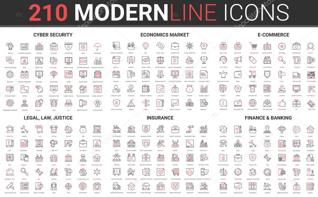 180 modern red black thin line icons set of legal, law and justice, insurance, banking finance, cyber security, economics market, e commerce collection vector illustration