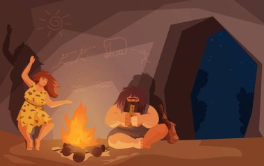 Stone age primitive family people sit by fire, caveman playing music, woman dancing clipart