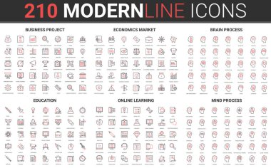 210 modern kırmızı siyah çizgi ikonu eğitim seti, çevrimiçi öğrenme, zihin süreci, iş projesi, ekonomi pazarı, beyin süreci vektör örnekleme