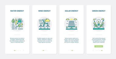 Geri dönüşüm endüstrisi, yenilenebilir enerji kaynağı teknolojisi UX, UI mobil uygulama sayfası seti