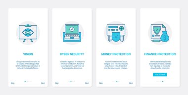 Siber güvenlik, finansal banka hesabı UX, UI mobil uygulama sayfası seti