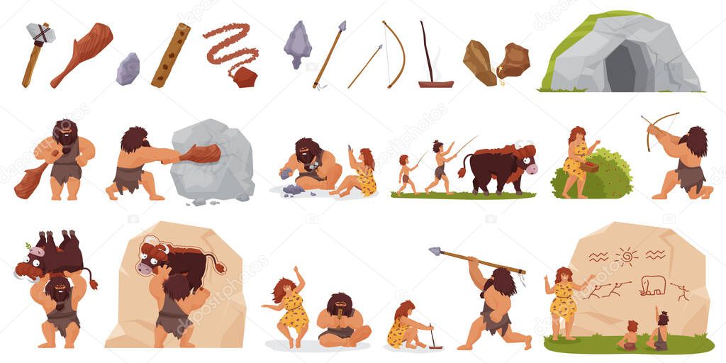 Primitive people hunt set, wild caveman hunting with stick club bow spear, woman cooking