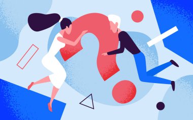 İş geometrisi, takım çalışması konsepti vektör çizimi. Çizgi filmdeki küçük kadın karakter büyük soru işaretinin üzerinde oturuyor, erkek meslektaşımla iş sorununu çözüyor, insanlar takım çalışması yapıyor.