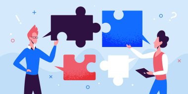 İş adamları takım iletişimi, iş adamları konuşuyor, bulmaca baloncuklarıyla çalışıyor.