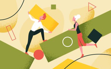 İnsanlar dağınık geometrik şekiller, takım çalışması vektör illüstrasyonları topluyor. Çizgi film erkeği kadın takım karakterleri kare kare dikdörtgen tutuyorlar, iş konusunda birlikte çalışıyorlar..