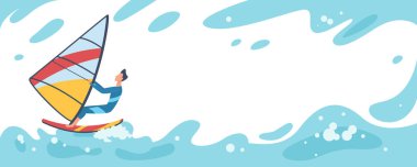 Yaz seyahati, genç sörfçü adam büyük mavi denizde ya da okyanus dalgalarında sörf yapıyor.