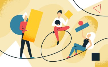 Yaratıcı problem çözme, soyut figür ve formları elinde tutan insanlar, çözümler yaratıyor