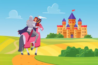 Prens Şövalye prensesi kurtardı, peri masalı kahramanlı savaşçı ve mutlu bir kızla