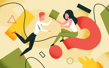 İş geometrisi, takım çalışması konsepti vektör çizimi. Çizgi filmdeki küçük kadın karakter büyük soru işaretinin üzerinde oturuyor, erkek meslektaşımla iş sorununu çözüyor, insanlar takım çalışması yapıyor.