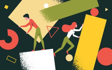 Yaratıcı problem çözme, soyut figür ve formları elinde tutan insanlar, çözümler yaratıyor