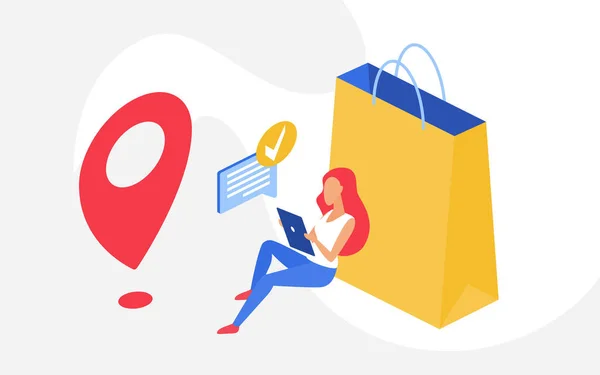 Compras on-line, conceito de vendas, mulher comprador sentado com telefone ao lado de grande saco de compras — Vetor de Stock